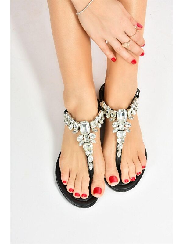 Siyah Taşlı Parmak Arası Kadın Sandalet M272006009 - Görsel 2