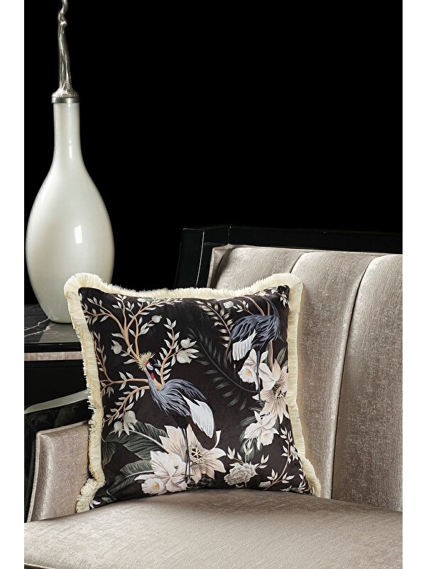 Asdiva Lüks Kadife 43x43 Cm Kırlent Kılıfı Dekoratif Avangart Saçaklı Siyah