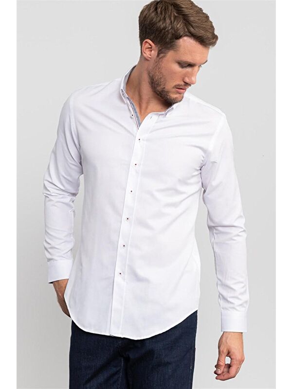 TUDORS Slim Fit Düz Spor Erkek Beyaz Gömlek