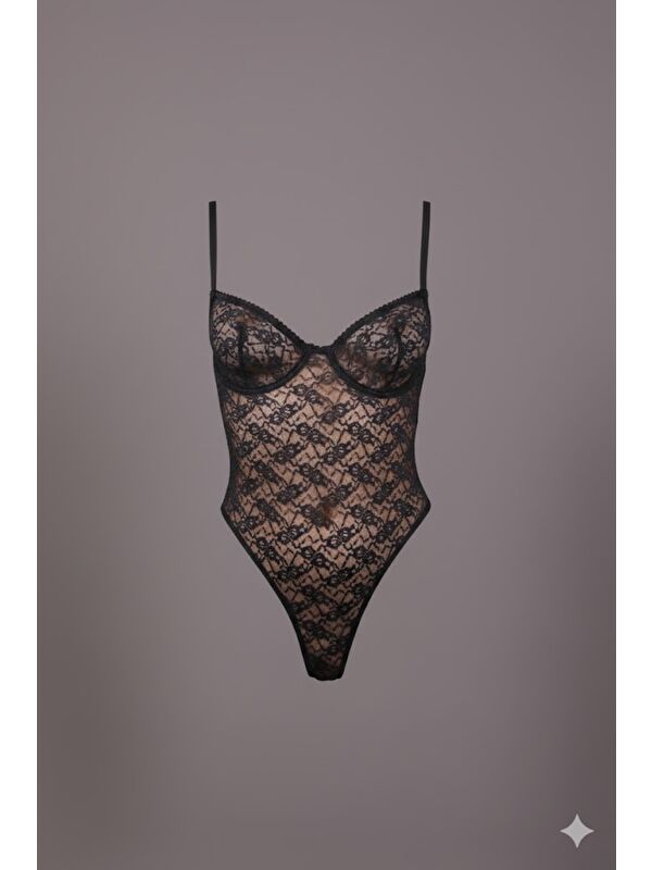 C&City Desteksiz Dantelli Çıtçıtlı Body C15093 Siyah
