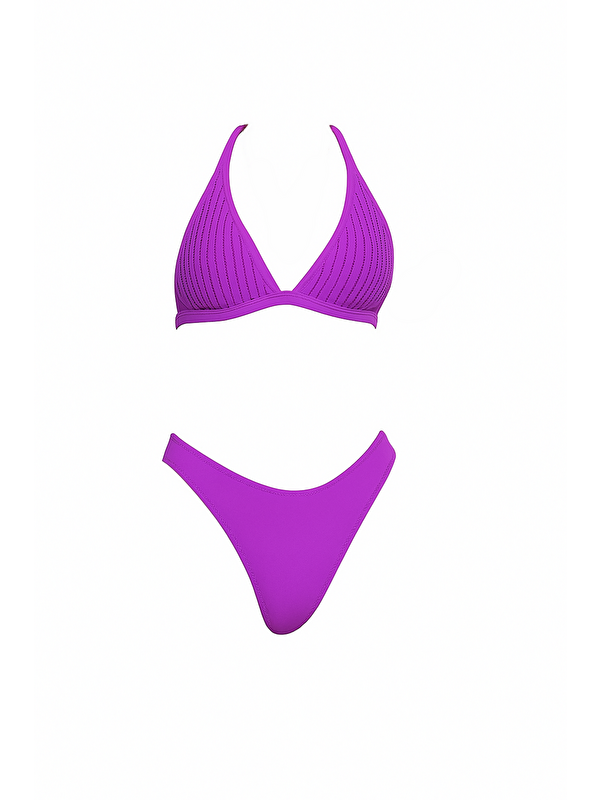 Hazelin Kadın Lila Taş Detaylı Boyundan İp Bağlamalı Arkası Kopçalı Üçgen Bikini Takımı HZL24S-AR1614-12