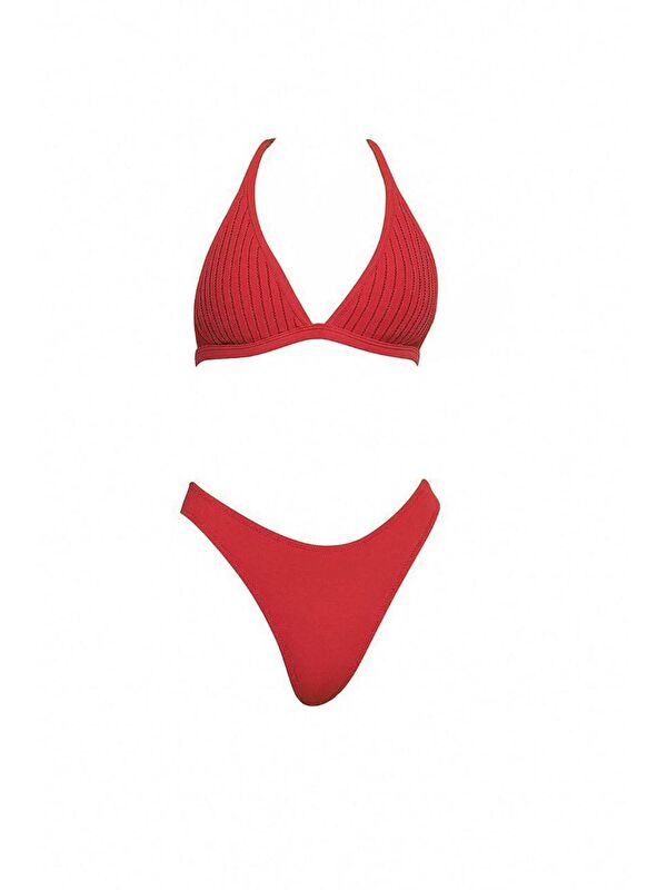 Hazelin Kadın Kırmızı Taş Detaylı Boyundan İp Bağlamalı Arkası Kopçalı Üçgen Bikini Takımı HZL24S-AR1614-03