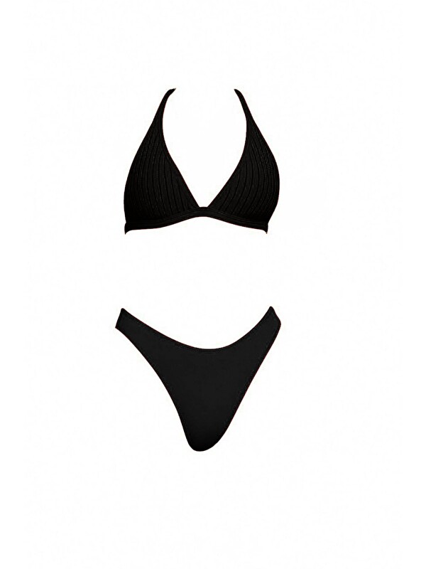 Hazelin Kadın Siyah Taş Detaylı Boyundan İp Bağlamalı Arkası Kopçalı Üçgen Bikini Takımı HZL24S-AR1614-01