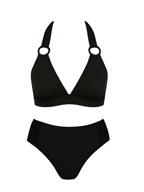 Hazelin Kadın Siyah Halka Detaylı Boyundan Bağlamalı Astarlı Büyük Üçgen Bikini Takım HZL24S-AR1763