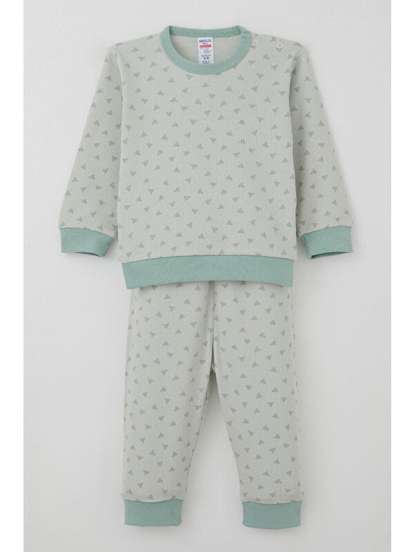 Breeze Erkek Bebek Pijama Takımı Omuzdan Patlı Mini Üçgenler Desenli Su Yeşili (4 Ay-1 Yaş)