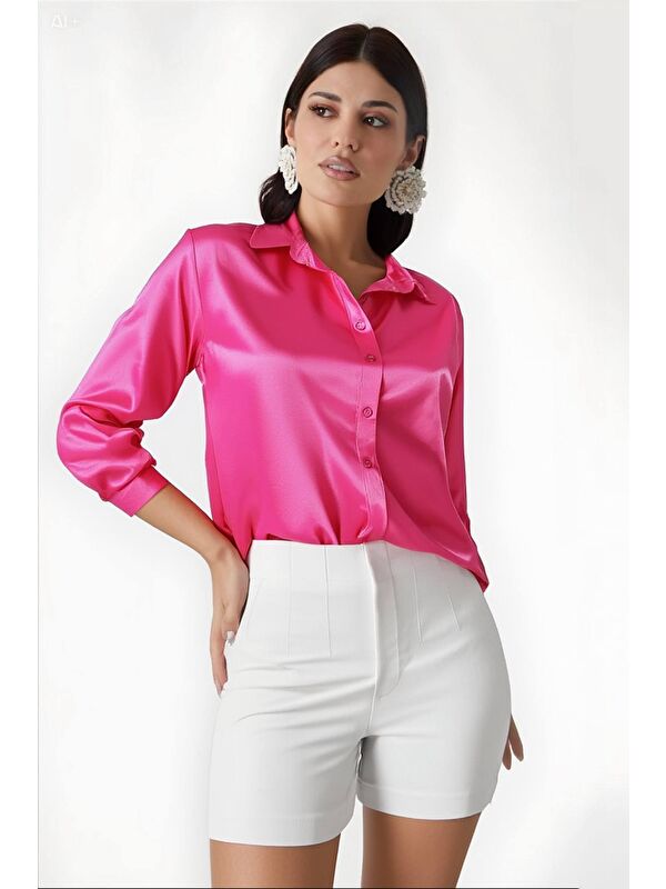 Hazelin Kadın Canlı Pembe Hafif Dökümlü Saten Yüzeyli Gömlek Hzl22w-bd139641