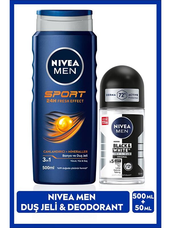 NIVEA Men Kişisel Bakım Seti Duş Jeli 500 ml, Invisible Black&White Fresh Erkek Roll-On Deodorant 50 ml