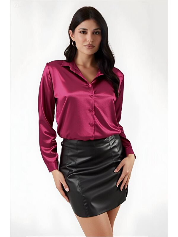 Hazelin Kadın Bordo Hafif Dökümlü Saten Yüzeyli Gömlek Hzl22w-bd139641