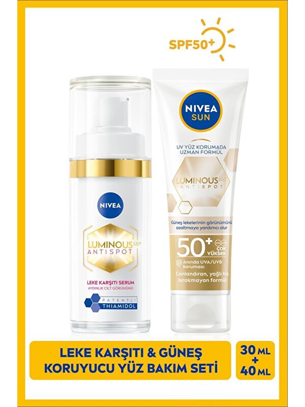 NIVEA SUN Luminous630 Yüz Bakım Kremi 40ml ve Thiamidol Etkili Leke Karşıtı Serum30ml, Seyahat Seti Hediye
