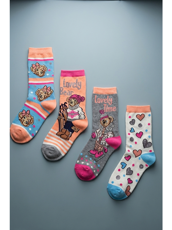 Katia And Bony 4 Lü Paket Lovely Bear Kız Çocuk Soket Çorap Desenli
