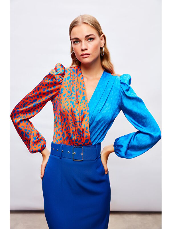 SATEEN Kruvaze Desenli Bodysuit - Oranj-Sax Mavi