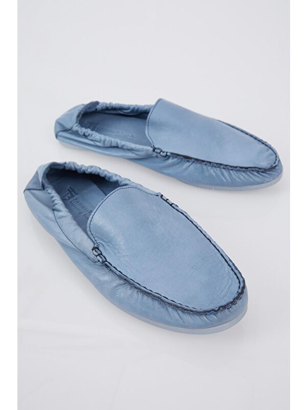 Erkek Mavi Arkası Lastikli Rahat Kalıp Hakiki Deri Loafer - Görsel 3