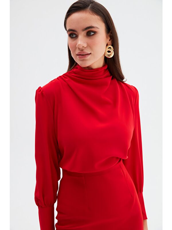 SATEEN Drape Detaylı Bluz - Kırmızı