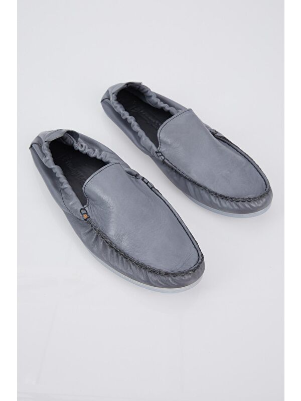 Erkek Gri Arkası Lastikli Rahat Kalıp Hakiki Deri Loafer - Görsel 3