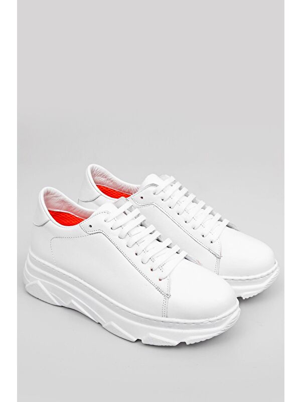 Hakiki Deri Yuvarlak Burun Dolgu Taban Bağcıklı Kadın Sneaker 24166 - Görsel 3