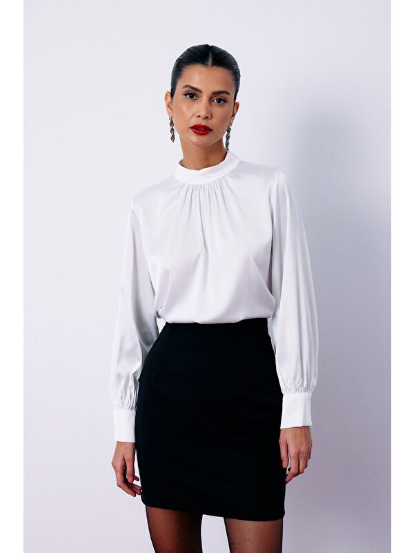 SATEEN Yaka Detaylı Saten Bluz - Ekru