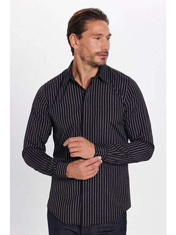 TUDORS Slim Fit Uzun Kollu Pamuklu Kolay Ütü Çizgili Erkek Siyah Lacivert Gömlek