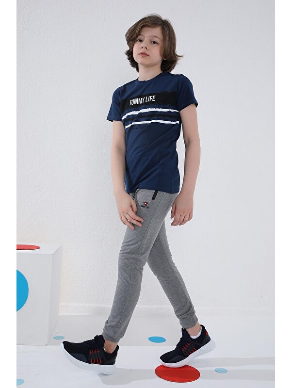 Tommylife Gri Melanj Erkek Çocuk Jogger Fermuarlı Cep Standart Kalıp Manşetli Eşofman Alt - 64042