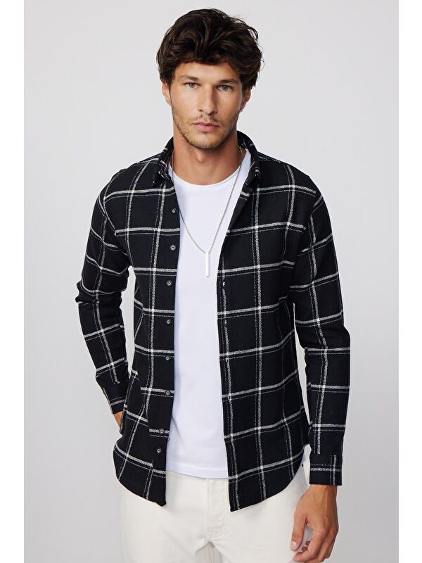 TUDORS Slim Fit Dar Kesim Cepli Kareli Oduncu Erkek Gömlek