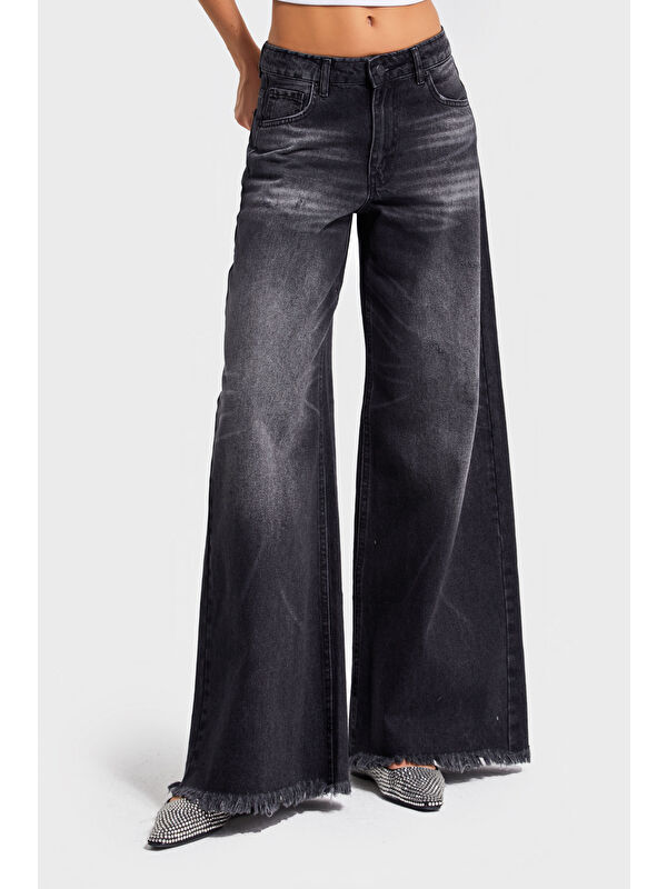 It's Basic Kadın Koyu Füme Renk 12s5-1 Palazzo Fit Paça Detaylı İç Boy 80cm %100 Pamuk Denim Jean