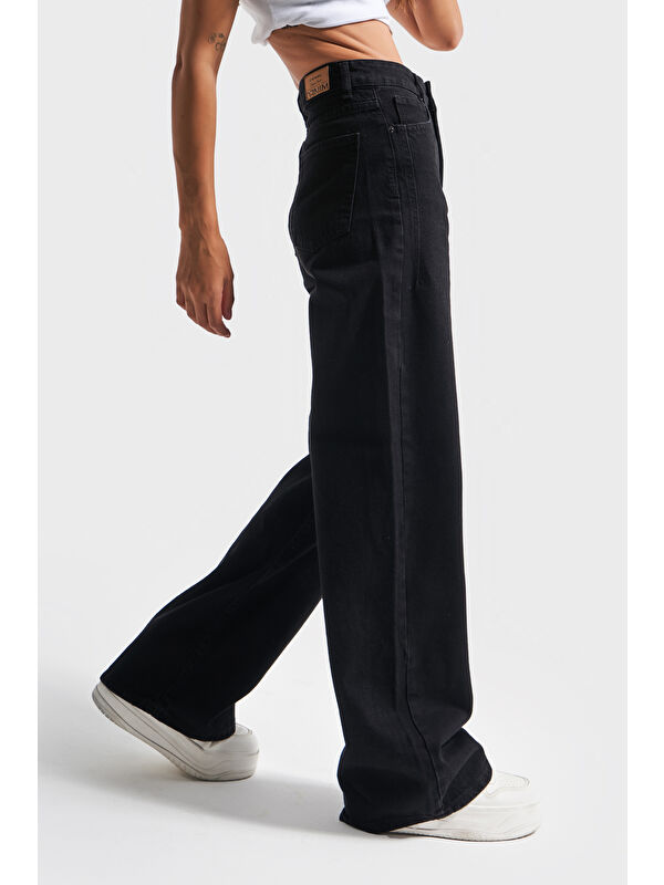 It's Basic Kadın Siyah Black Od Renk Olea Wide Leg Fit Rahat Kalıp Yüksek Bel Denim Jean