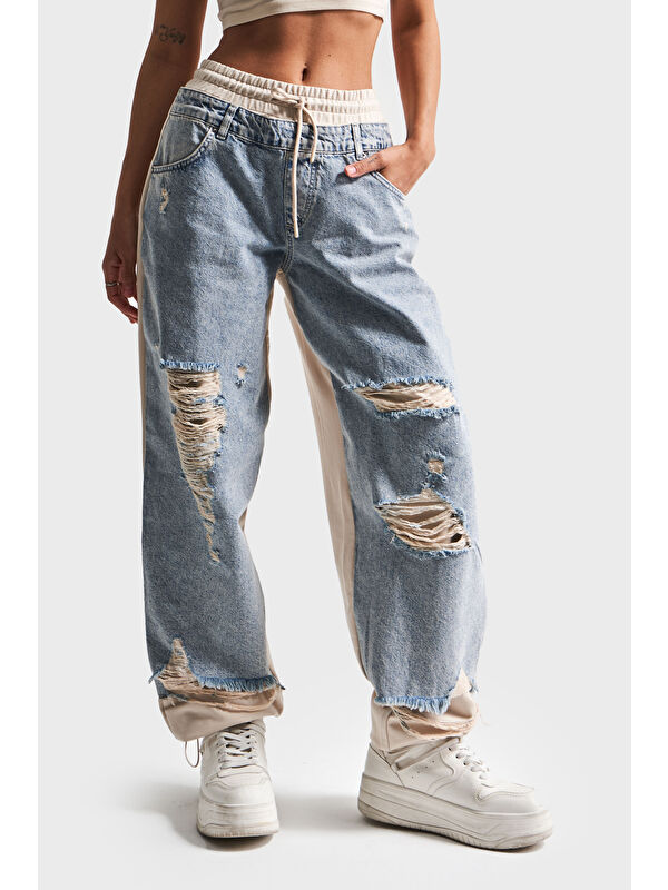 It's Basic Kadın Yırtık Denim Detaylı Skater Jean Pantolon