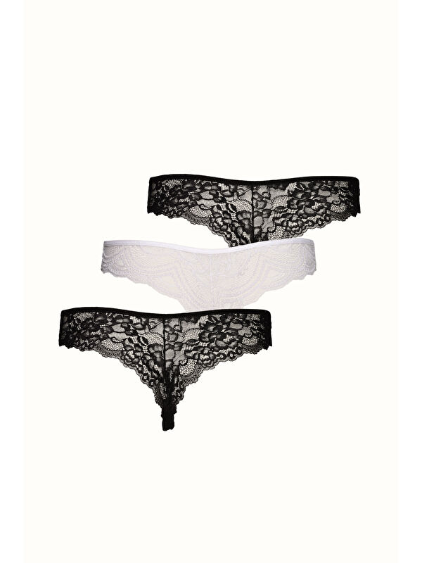 C&City 3 lü Paket Dantelli String 571 Siyah/Beyaz