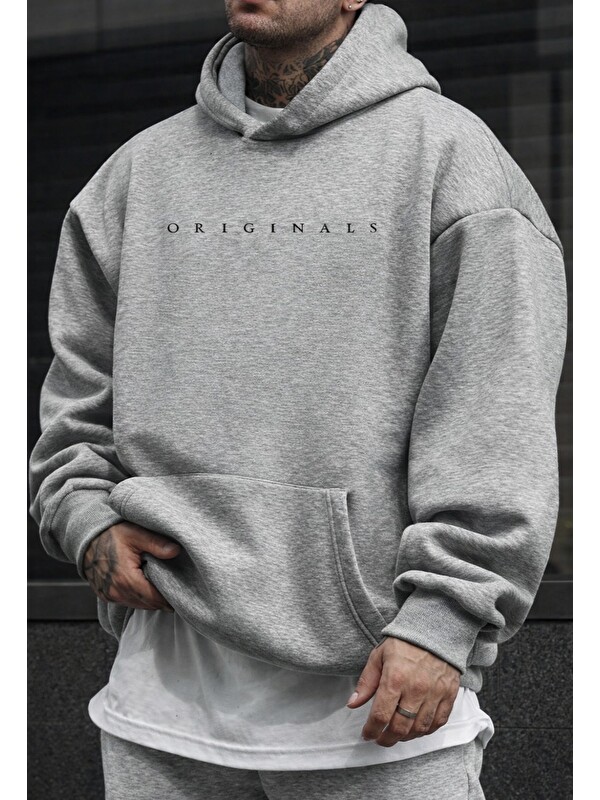 Trendseninle Gri Originals Baskılı Kapüşonlu Oversize Sweatshirt