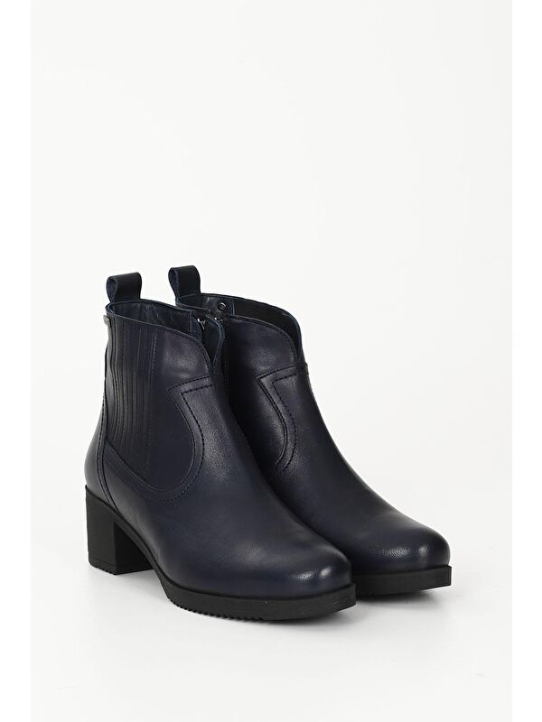 LACİVERT Hakiki Deri Yuvarlak Burun Topuklu Kauçuk Taban Fermuarlı Kadın Günlük Bot 10404 - Görsel 3