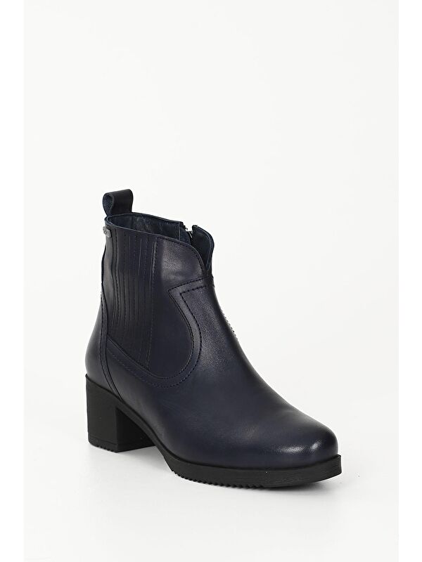 LACİVERT Hakiki Deri Yuvarlak Burun Topuklu Kauçuk Taban Fermuarlı Kadın Günlük Bot 10404 - Görsel 6