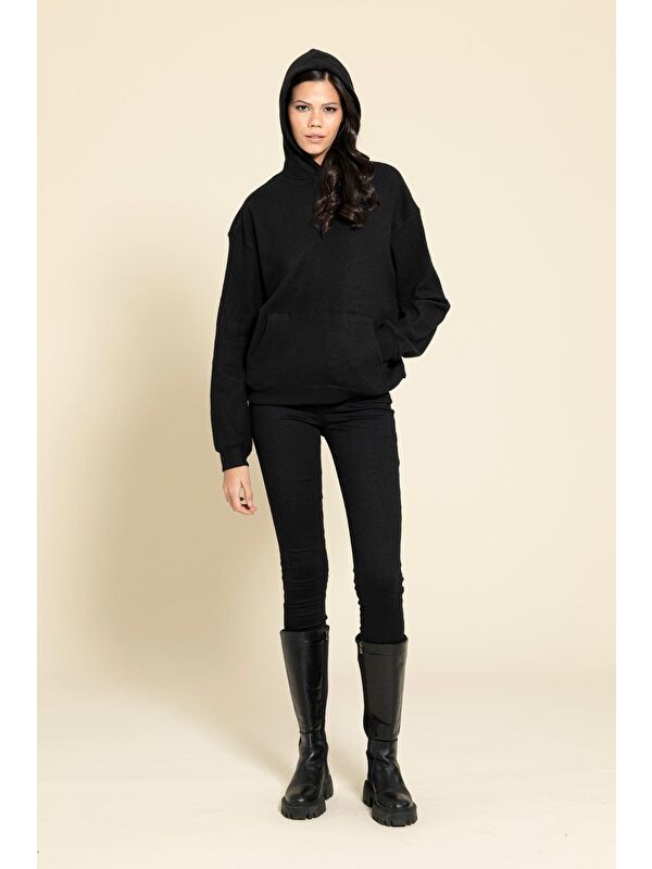 For You Moda Oversize Kanguru Cepli Siyah Sweatshirt