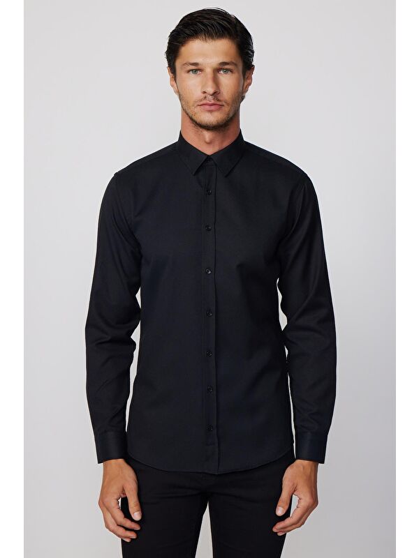 TUDORS Modern Slim Fit Pamuklu Kolay Ütü Armürlü Erkek Gömlek