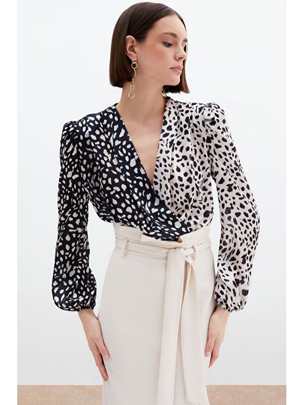 SATEEN Kruvaze Desenli Bodysuit - Bej-Siyah