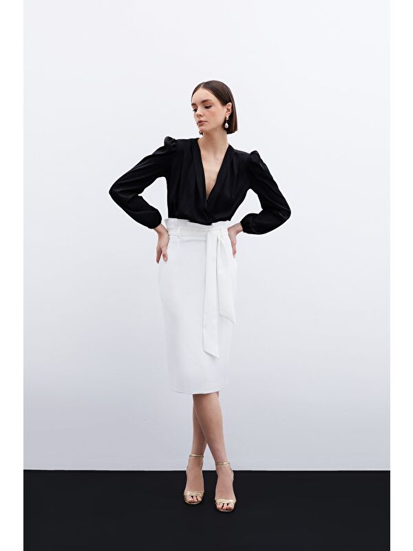 SATEEN Kuşaklı Kalem Etek - Ekru