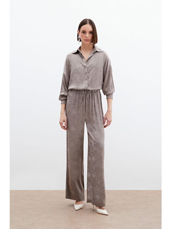 SATEEN Jakarlı Saten Pantolon - Vizon