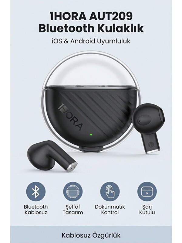 Oglo 1HORA AUT209 Bluetooth Kulaklık Şeffaf Dokunmatik Kablosuz iOS Android Şarj Kutulu Siyah