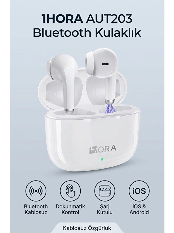 Oglo 1HORA AUT203 Bluetooth Kulaklık Dokunmatik Kablosuz iOS Android Şarj Kutulu Beyaz