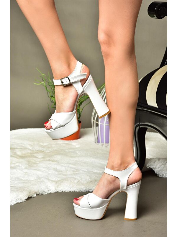 M348202409 Beyaz Platform Topuklu Kadın Abiye Ayakkabı - Görsel 2