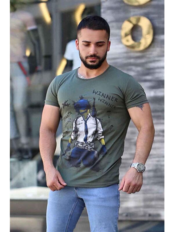 Madmext Baskılı Haki Tişört 4028