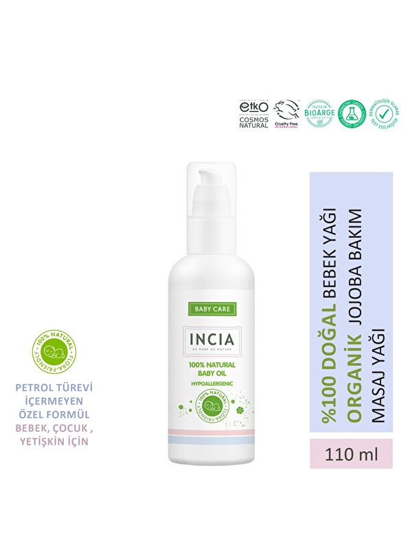 INCIA %100 Doğal Bebek Yağı Organik Jojoba Bakım Masaj Yağı Parafinsiz Bitkisel Vegan 110 ml