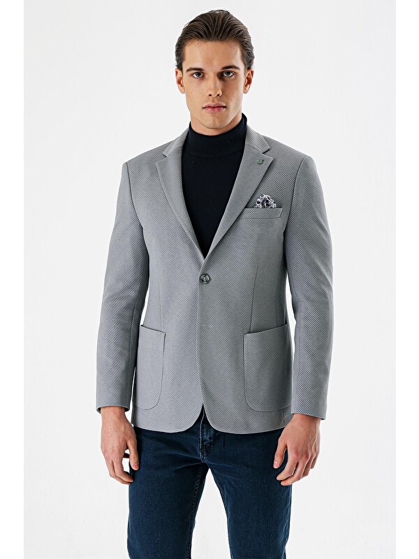 İMZA Gri Desenli Mono Yaka Astarlı Çift Yırtmaç 6 Drop Slim Fit Dar Kesim Klasik Ceket 1002240150
