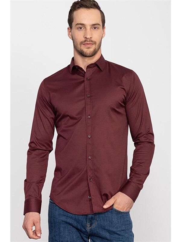 TUDORS Slim Fit Elastanlı Düz Pamuk Saten Erkek Bordo Gömlek