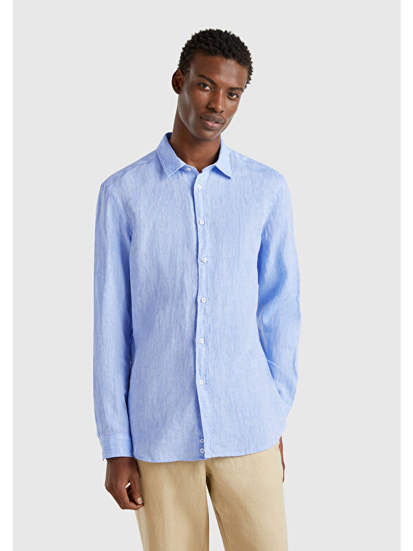 United Colors Of Benetton Erkek Açık Mavi %100 Keten Gömlek