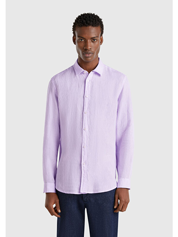 United Colors Of Benetton Erkek Lila %100 Keten Gömlek