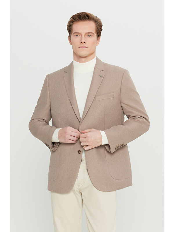 Altınyıldız Classics Erkek Kahverengi  Normal Kesim Mono Yaka Torba Cepli Armürlü Blazer Ceket