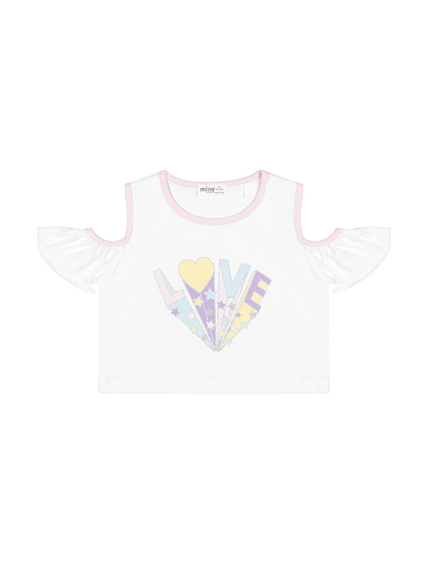 Minycenter Kız Çocuk Love Desenli Crop Tişört 2 Yaş-6 Yaş Beyaz