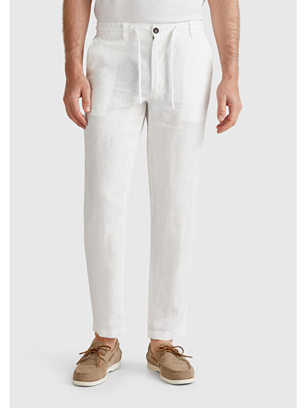 United Colors Of Benetton Krem %100 Keten Beli İpli Erkek Pantolon