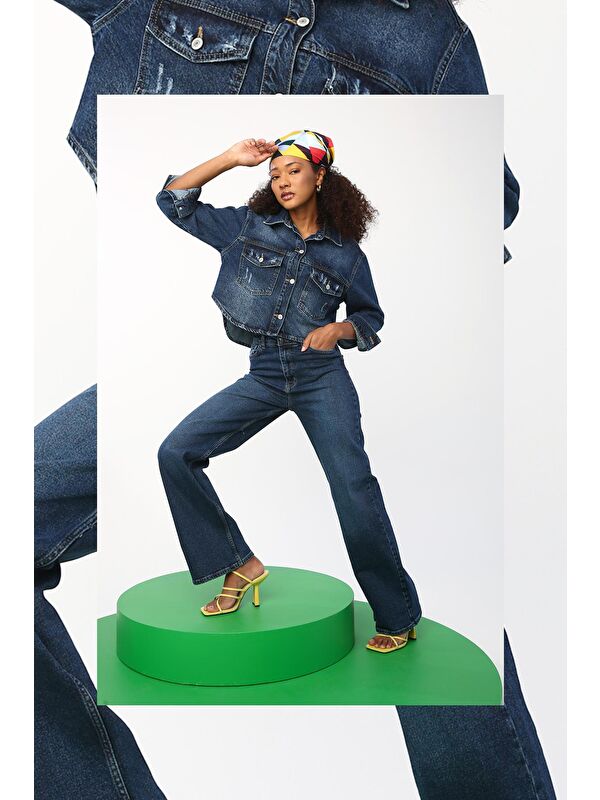 ALLDAY Mavi01 %100 Pamuk Önü Kısa Arkası Uzun Crop Denim Ceket