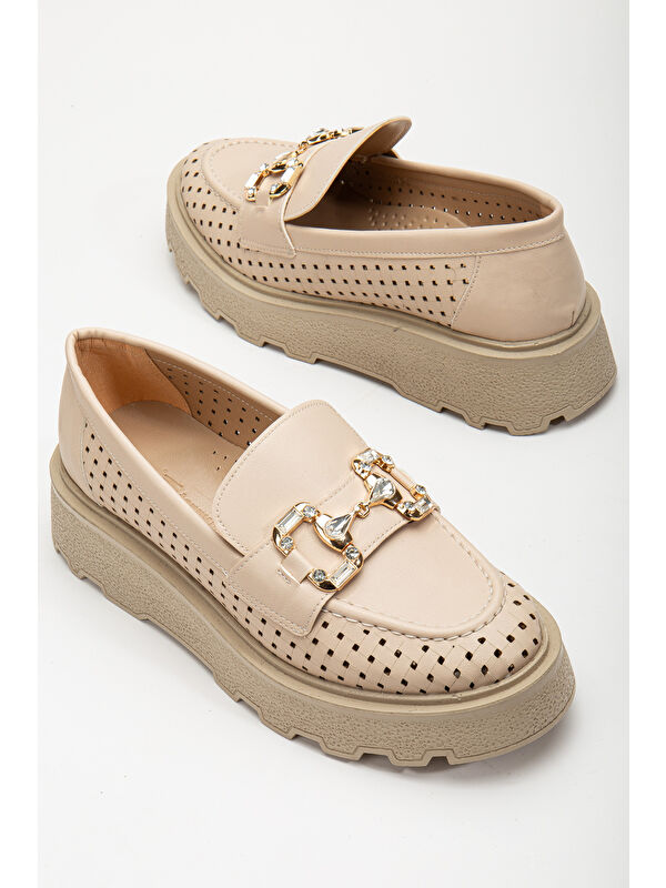 Tonny Black Bej Tonny Black Kalin Poli Kadın Taban Şerit Önü Taşlı Tokalı Loafer