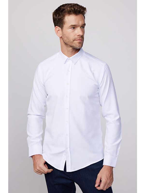 TUDORS Modern Slim Fit Pamuklu Kolay Ütü Armürlü Erkek Gömlek